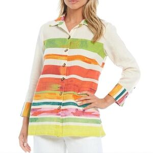 John Mark Abstract Stripe Print Linen Button Down Wood Buttons Tunic Top Size S